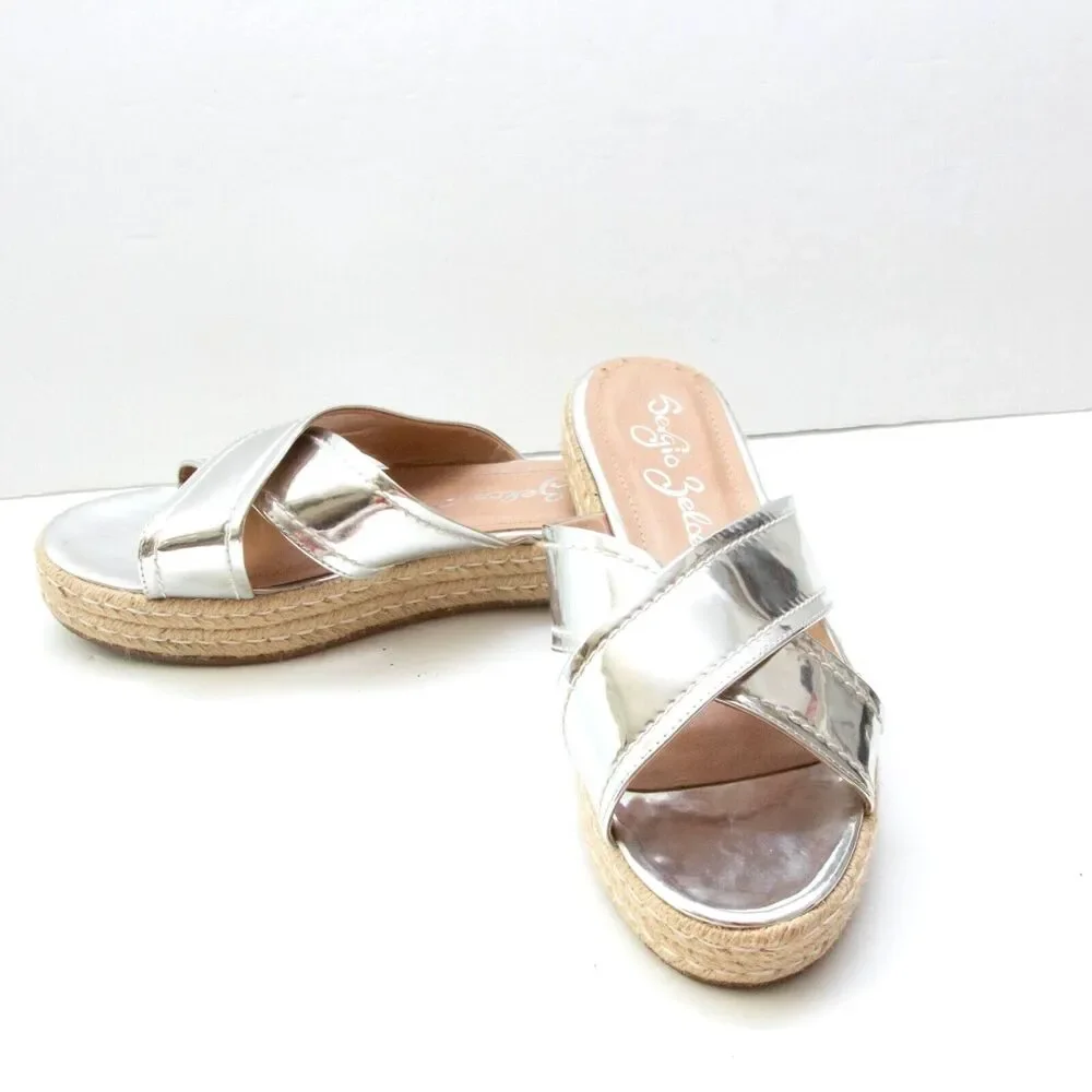 Sergio Zelcer Metallic Silver Chrome Cross Strips Slip On Platform Sandals 10